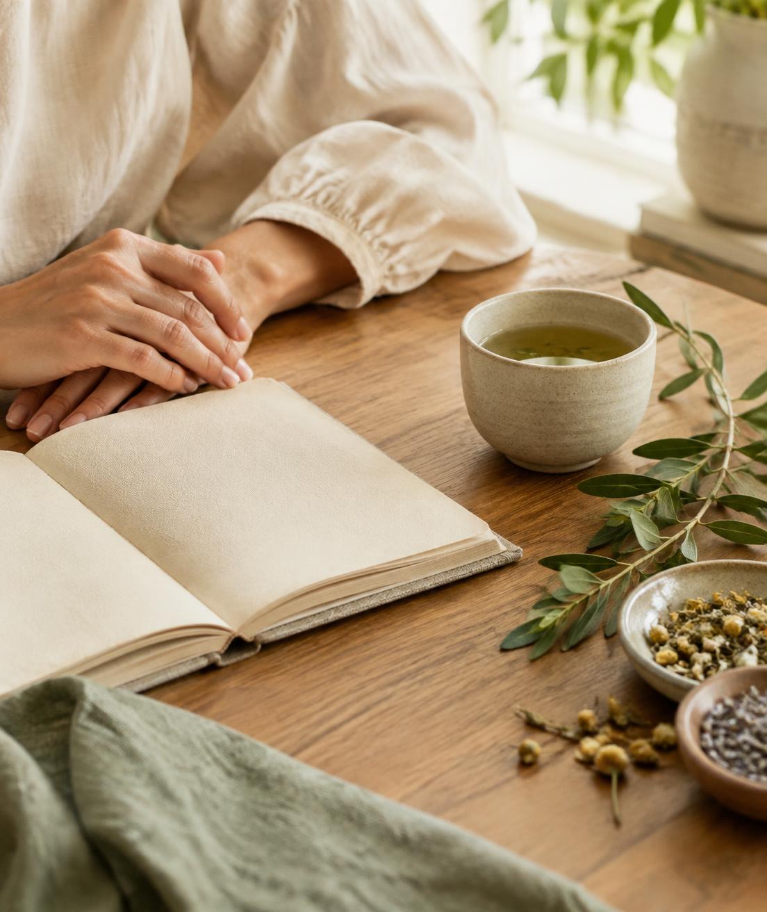 A calm consultation table with herbal tea and botanicals at Sanidhya Naturopathy Center